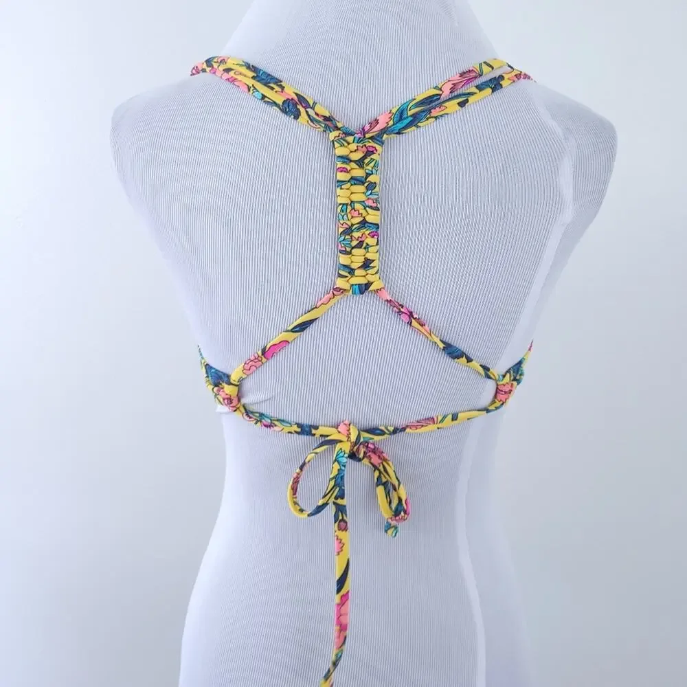 Shade & Shore Yellow Floral Bikini Size 34D Braided Racerback Detail Swimsuit